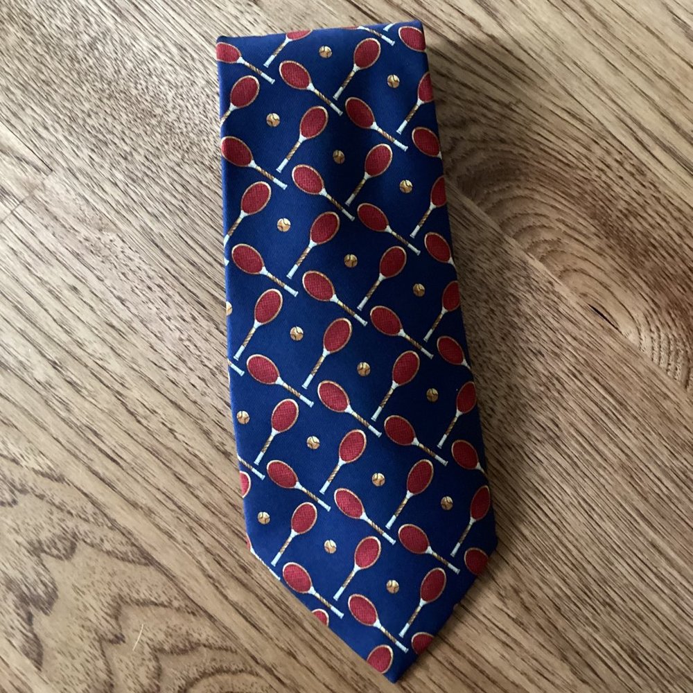 VINTAGE 90s POLO RALPH LAUREN TENNIS RACQUET PRINT SILK HANDMADE TIE PREPPY Y2k